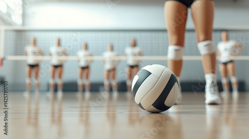 A volleyball is in focus on the court, with players in the background ready to compete in a game, showcasing athleticism and teamwork.