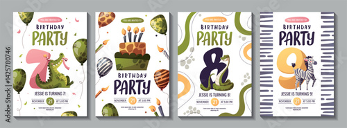 Birthday invitation set with cute jungle animals. Crocodile, snake, zebra. 7, 8, 9 years old. Vector illustration.