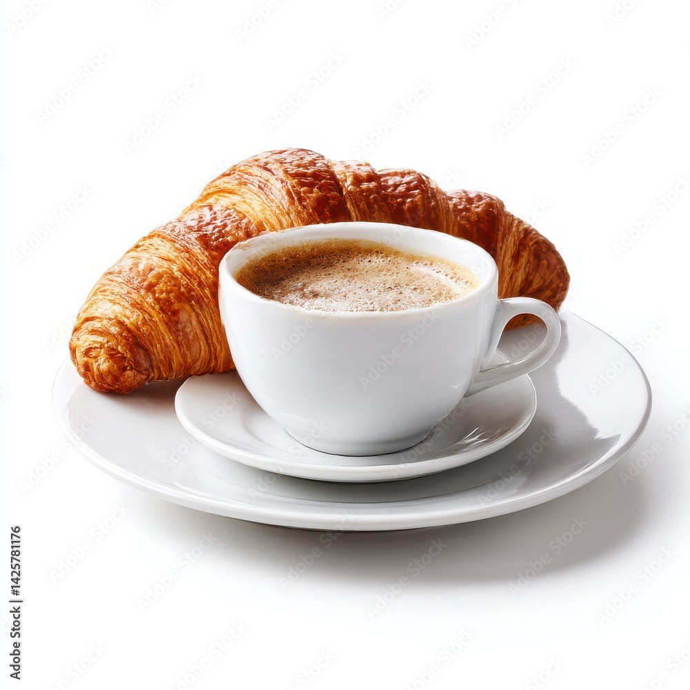 Coffee and croissant still life image isolated on white background Coffee and croissant still life image isolated on white background