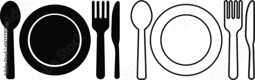 Fork, knife, spoon and plate icons set. Dining essential vectors. Crockery symbols. Tableware instrument. Cutlery flat, outline style for food and restaurant themes isolated on transparent background.