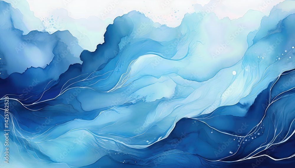 Vibrant Watercolor Journey through the Depths of a Luminous Sea, Abstract Artistic Expression Showcasing Light and Dark Blue Hues, Featuring a Mesmerizing Pain Trail, Invoking