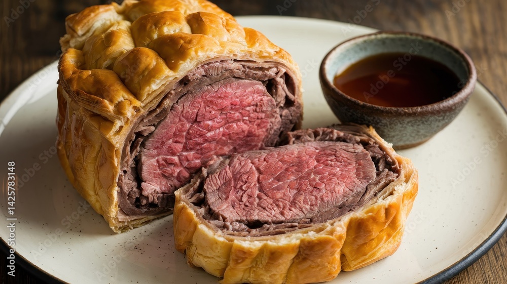 Obraz premium Sliced Beef Wellington, a gourmet appetizer.