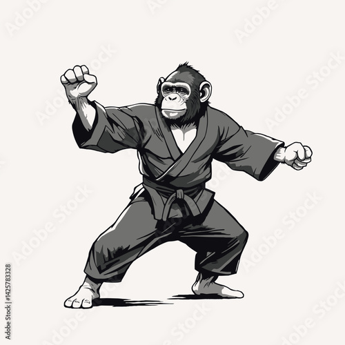 Monkey karateka in fighting stance.Fighter chimpanzee in kimono. Vector illustration