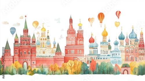 Red Square and State Historical Museum. Red Square and State Historical Museum hand drawn watercolor illustration