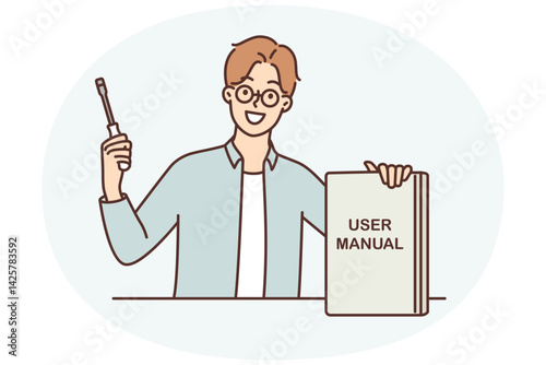 Guy with screwdriver shows book with inscription user manual recommending use educational literature