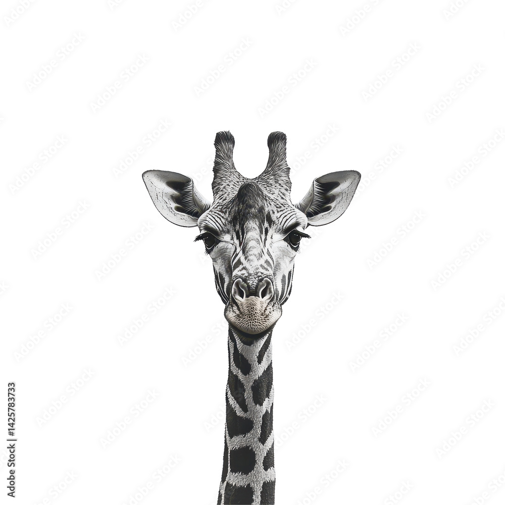 Obraz premium Giraffe with striking patterns and calm expression captured against a neutral background in a serene setting