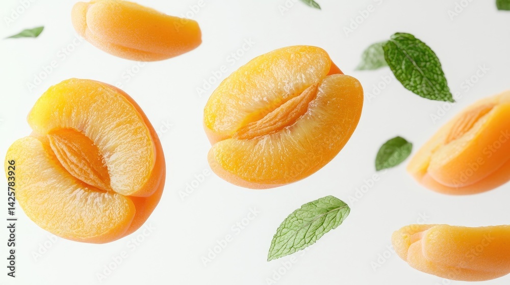 Fresh apricot slices and leaves in mid-air. Juicy, vibrant, and delicious slices of apricots suspended in the air, surrounded by fresh green leaves. Fresh apricot slices and leaves in mid-air. Juicy, vibrant, and delicious slices of apricots suspended in the air, surrounded by fresh green leaves.
