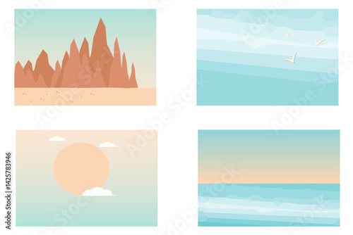 Set of minimal summer landscape illustrations with sea and desert views