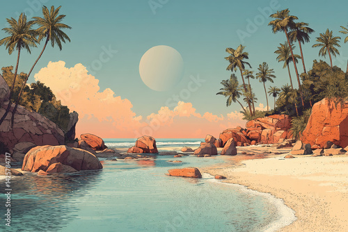 Scenic Tropical Beach with Palm Trees Under a Distant Moonlit Sky

