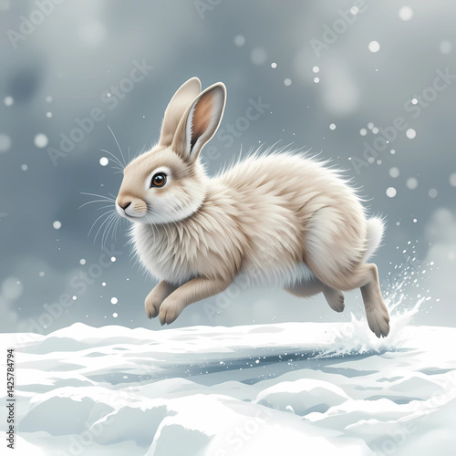 A fluffy watercolor arctic hare bounding across icy ground, with snowflakes swirling and soft gray-white tones throughout.