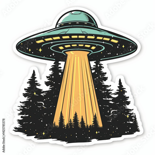 Illustration of a UFO with Beaming Lights Hovering Over a Forest Scene


