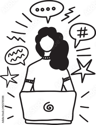 woman working office marketing communication internet hand drawing illustration