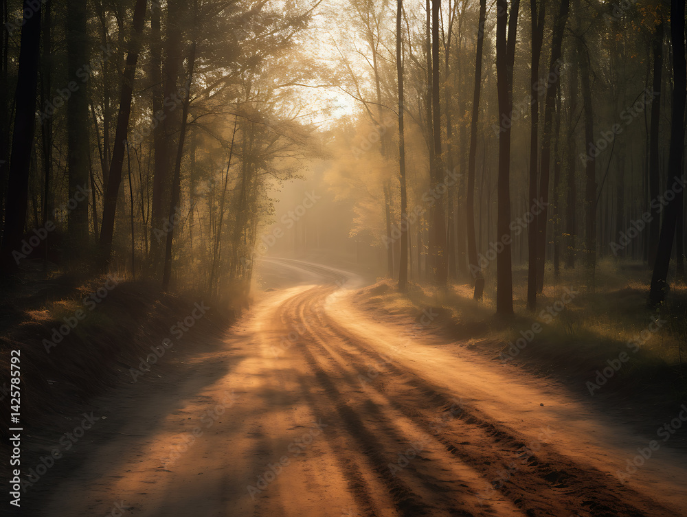 Obraz premium dirt road with fresh tire tracks curving through dense forest
