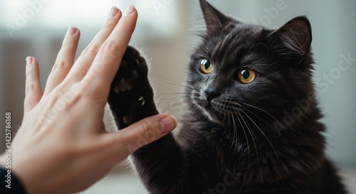 A cat high-fiving a human hand, creating a moment of playful interaction