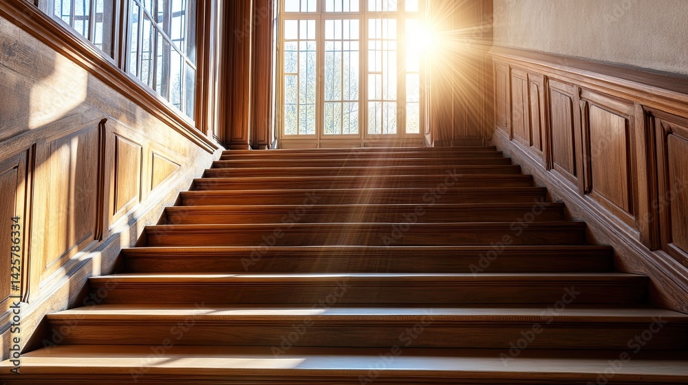 Obraz premium Sunlight Streaming Through Window onto Wooden Staircase in Hallway