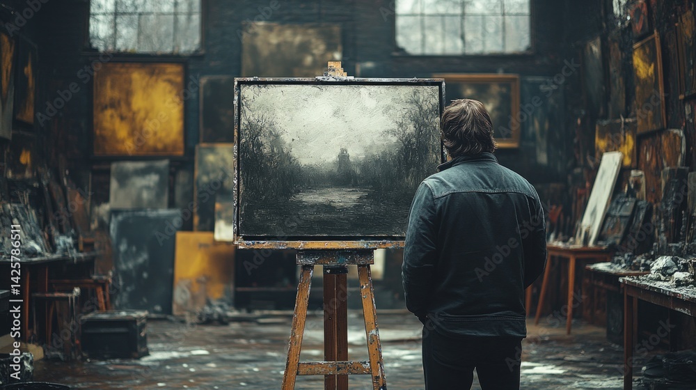 Man stands before a large painting in an art studio surrounded by canvases. Man stands before a large painting in an art studio surrounded by canvases.