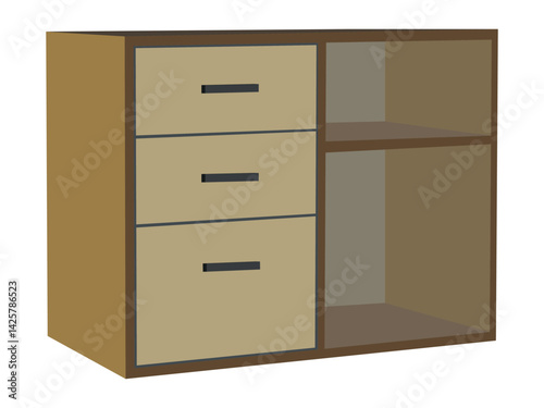 A brown wooden cabinet with three drawers and a shelf