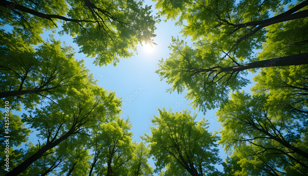 Obraz premium Trees in forest from below, green tops of trees, blue sky background