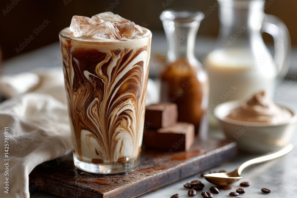 Iced coffee with cream swirls.