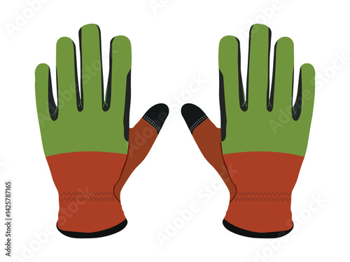 Pair of green and orange work gloves with black fingertips for industrial safety and hand protection

