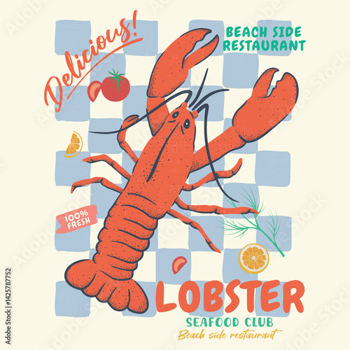 Lobster Seafood design. Lemon, Tomato, Stay salty. Fish vintage artwork. Lobster fish artwork for t shirt print , poster and other uses.