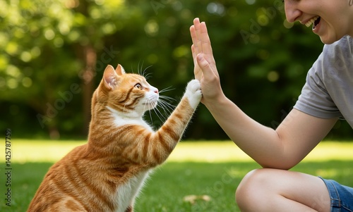 A heartwarming moment of a cat giving a high five to person in the garden. Captured is a delightful scene of friendship and companionship