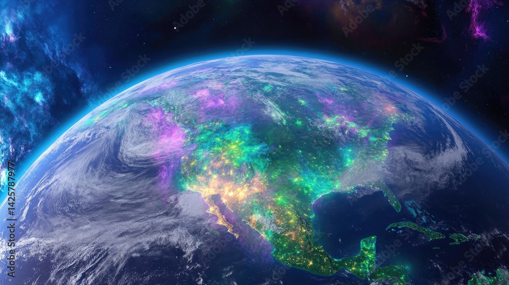 Fototapeta premium Vibrant Earth View with Colorful Lights and Starry Sky Overview