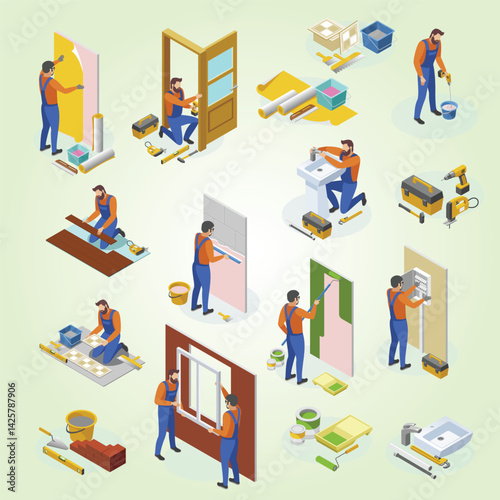 Home repair isometric icons set of tools and craftspeople performing laying tiles pasting wallpapers doors and window installation isolated illustration