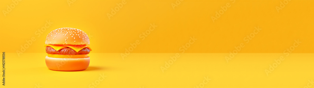 Minimal yellow background with a juicy hamburger centered. bright colors, melted cheese, sesame bun, copy space for food banner or fast-food advertisement