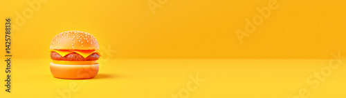 Obraz na płótnie Minimal yellow background with a juicy hamburger centered. bright colors, melted cheese, sesame bun, copy space for food banner or fast-food advertisement w salonie