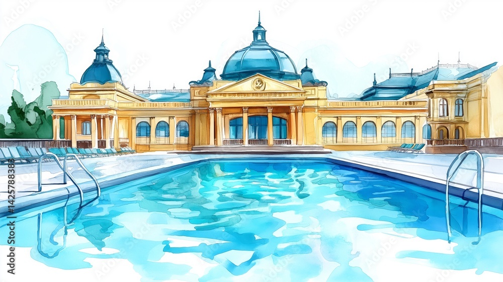 Obraz premium Szechenyi Thermal Bath. Szechenyi Thermal Bath hand drawn watercolor illustration