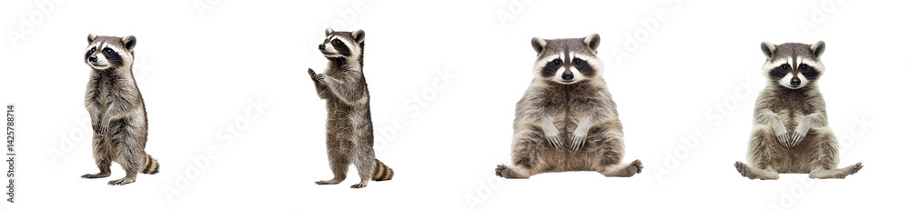 Raccoons in various poses isolated on black background, cut out transparent Raccoons in various poses isolated on black background, cut out transparent