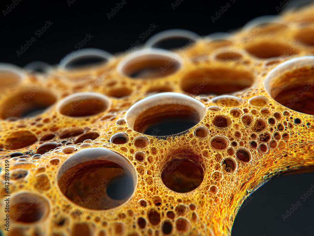Beer Foam Bubbles: A close-up, macro view of beer foam's bubbly texture. A study of foam's intricate structure, focusing on bubbles and the golden hues of the drink.