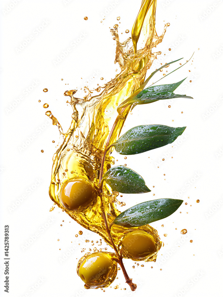 Olive Oil Splash of Goodness: A stunning visual of olive oil cascading down, adorned with fresh olives and lush leaves, epitomizes the essence of health and Mediterranean delight.