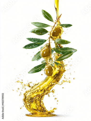Obraz na płótnie Olive Branch and Olive Oil Splash: A visually stunning shot showcasing the natural beauty and freshness of olives and olive oil, with a splash that evokes both culinary artistry and health. w salonie