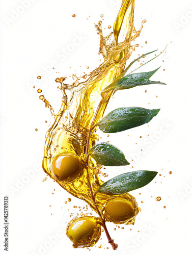 Obraz na płótnie Olive Oil Splash of Goodness: A stunning visual of olive oil cascading down, adorned with fresh olives and lush leaves, epitomizes the essence of health and Mediterranean delight. w salonie