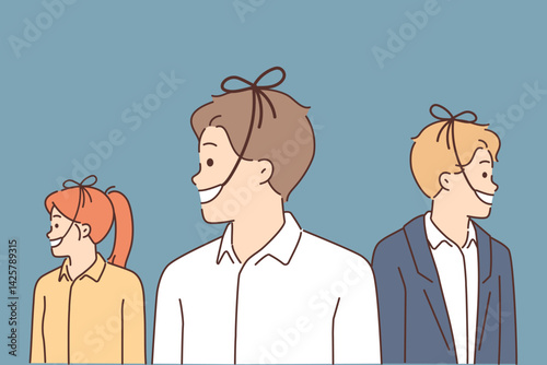 False smiles on business people with ropes tied to mouths to demonstrate artificial happy
