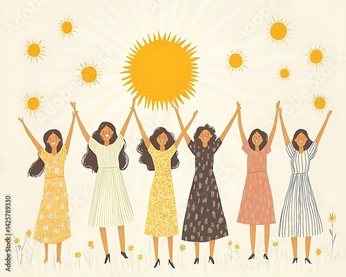 Women celebrating, sunshine, meadow