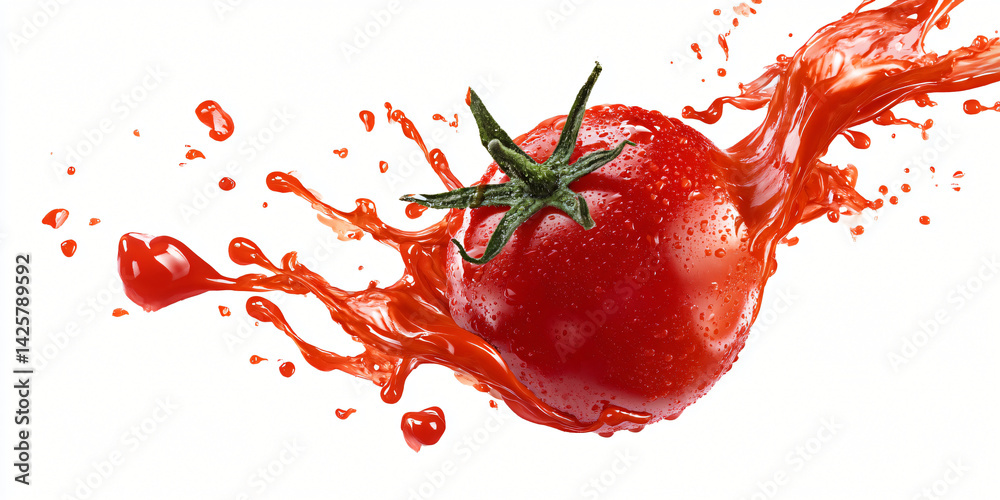 Tomato burst: A vibrant tomato at the center of a dynamic image, captures the essence of freshness and flavor as it bursts, releasing a cascade of vivid juice.