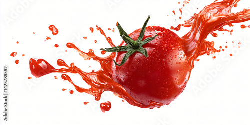 Obraz na płótnie Tomato burst: A vibrant tomato at the center of a dynamic image, captures the essence of freshness and flavor as it bursts, releasing a cascade of vivid juice. w salonie