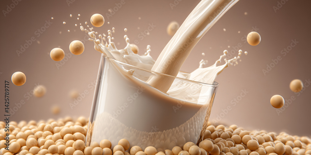 Soy Milk Splash: Soy milk pouring into a glass surrounded by soybeans, creating a dynamic splash. The image showcases the creamy texture and natural origin of the beverage.