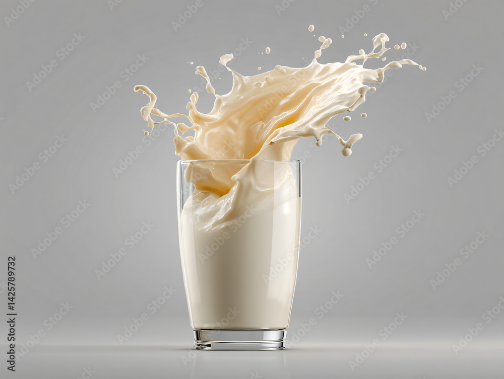 Milk Splash in Glass: Creamy milk explodes from a glass in a dynamic splash, creating a visually stunning and refreshing image.