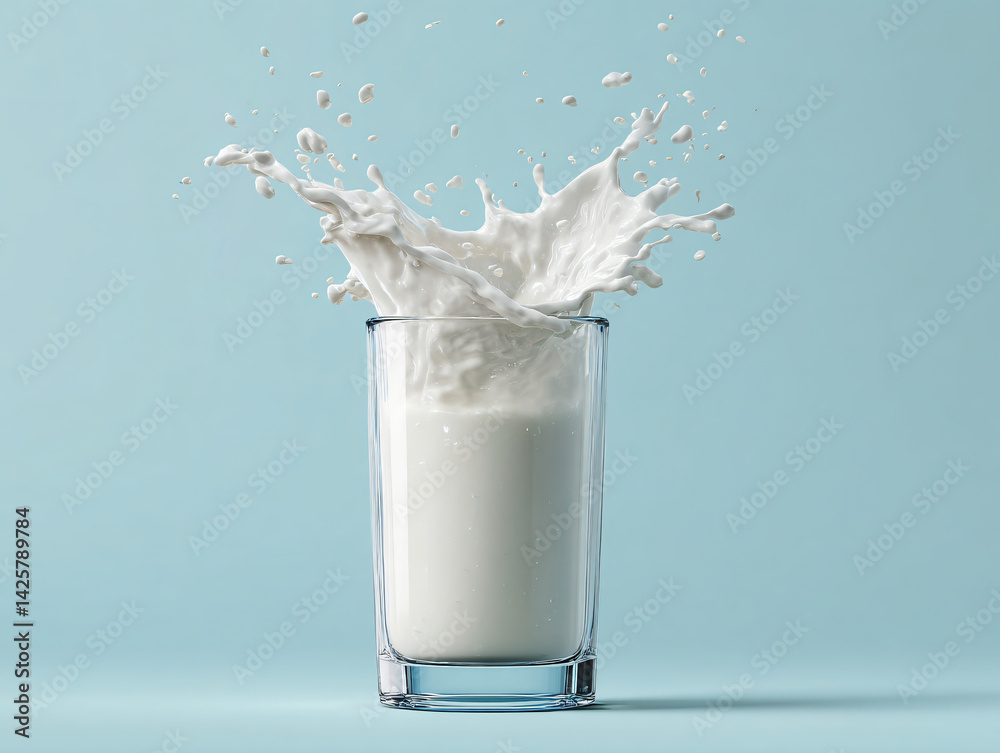 Splash of Refreshment: A refreshing splash of milk erupts from a clear glass, creating a dynamic moment of freshness and pureness. The image captures the invigorating essence of dairy in a single.