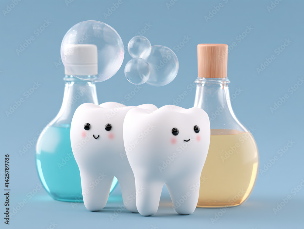 Smiling Teeth: A cheerful and playful illustration featuring two adorable cartoon teeth with mouthwash and mouthwash, capturing the essence of healthy and bright smiles.