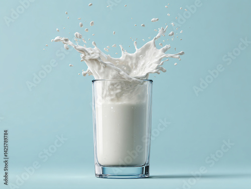 Obraz na płótnie Splash of Refreshment: A refreshing splash of milk erupts from a clear glass, creating a dynamic moment of freshness and pureness. The image captures the invigorating essence of dairy in a single. w salonie