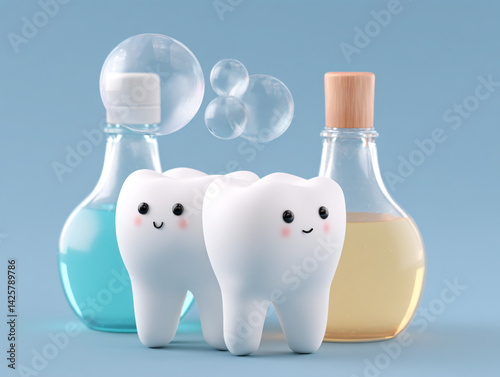 Smiling Teeth: A cheerful and playful illustration featuring two adorable cartoon teeth with mouthwash and mouthwash, capturing the essence of healthy and bright smiles.