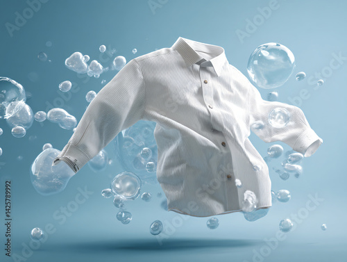 Obraz na płótnie Crisp Clean: A pristine, white shirt, seemingly suspended amidst floating bubbles. It's a visual celebration of cleanliness, freshness, and purity. w salonie