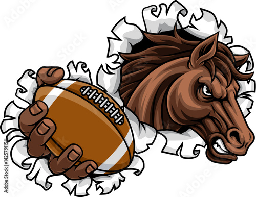 Horse mustang bronco stallion American football angry sports team mascot holding a ball.