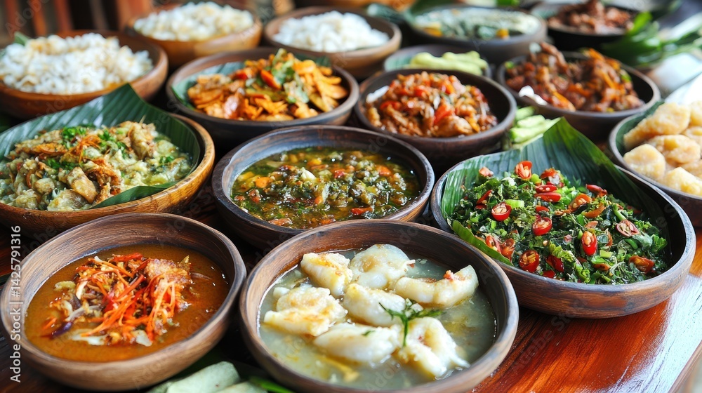 Diverse array of Indonesian dishes served in earthenware bowls. Diverse array of Indonesian dishes served in earthenware bowls.