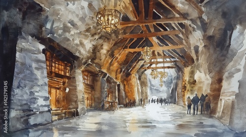 Wieliczka Salt Mine. Wieliczka Salt Mine hand drawn watercolor illustration